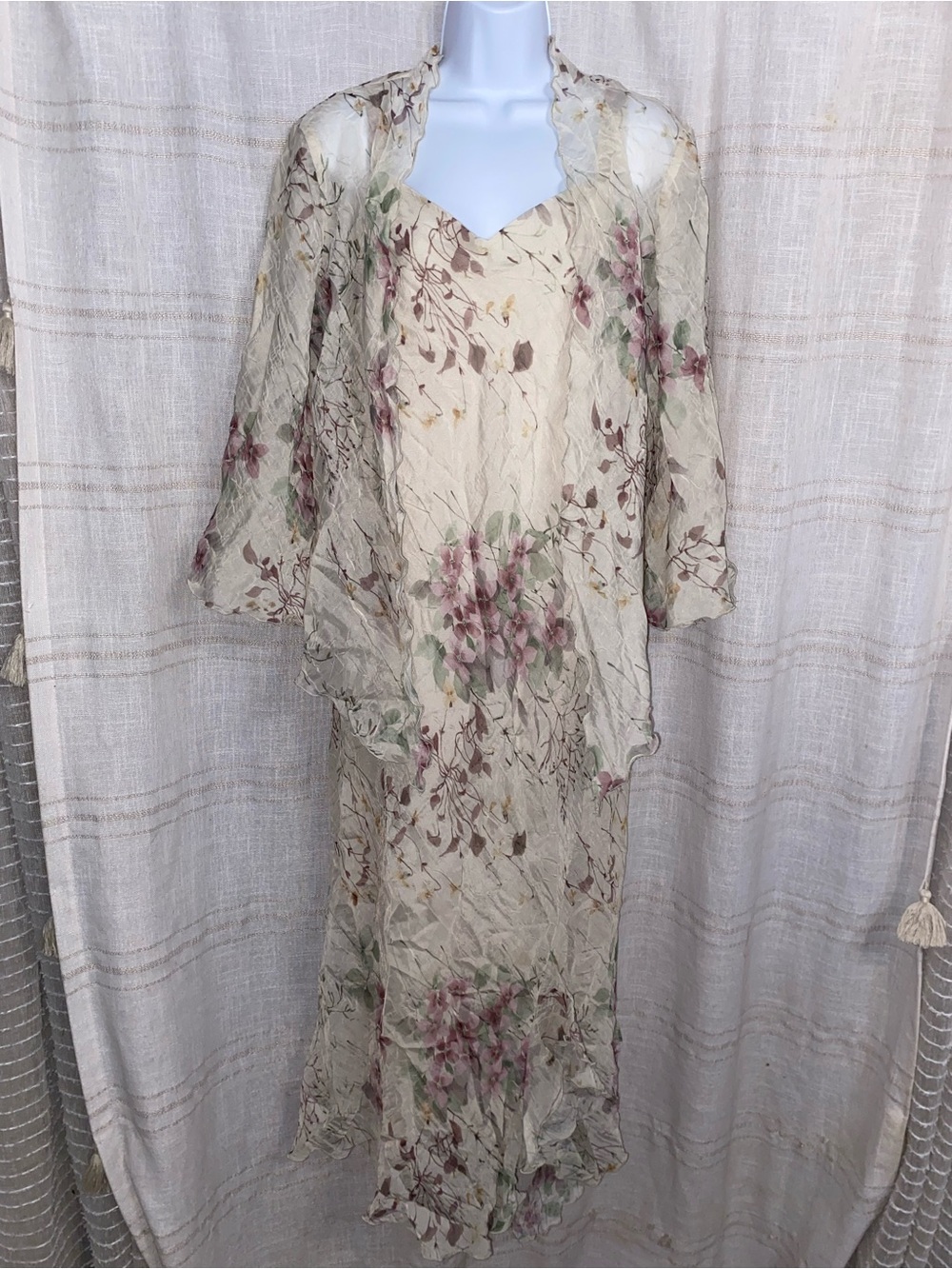Vintage Guilia 80s/90s Watercolor Floral Crinkle Chiffon Maxi Dress + Jacket 14P